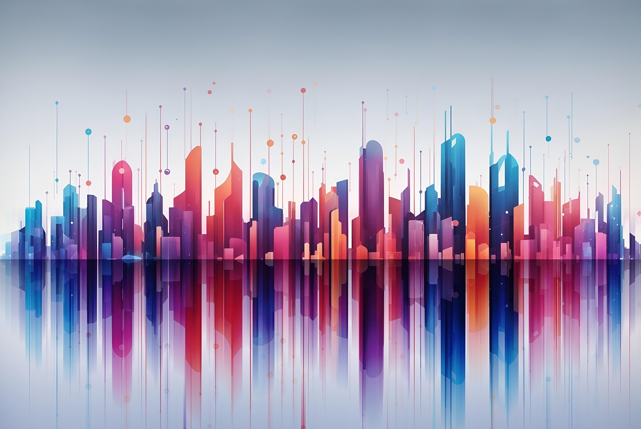 A city skyline of purple, blue, and orange bar charts.